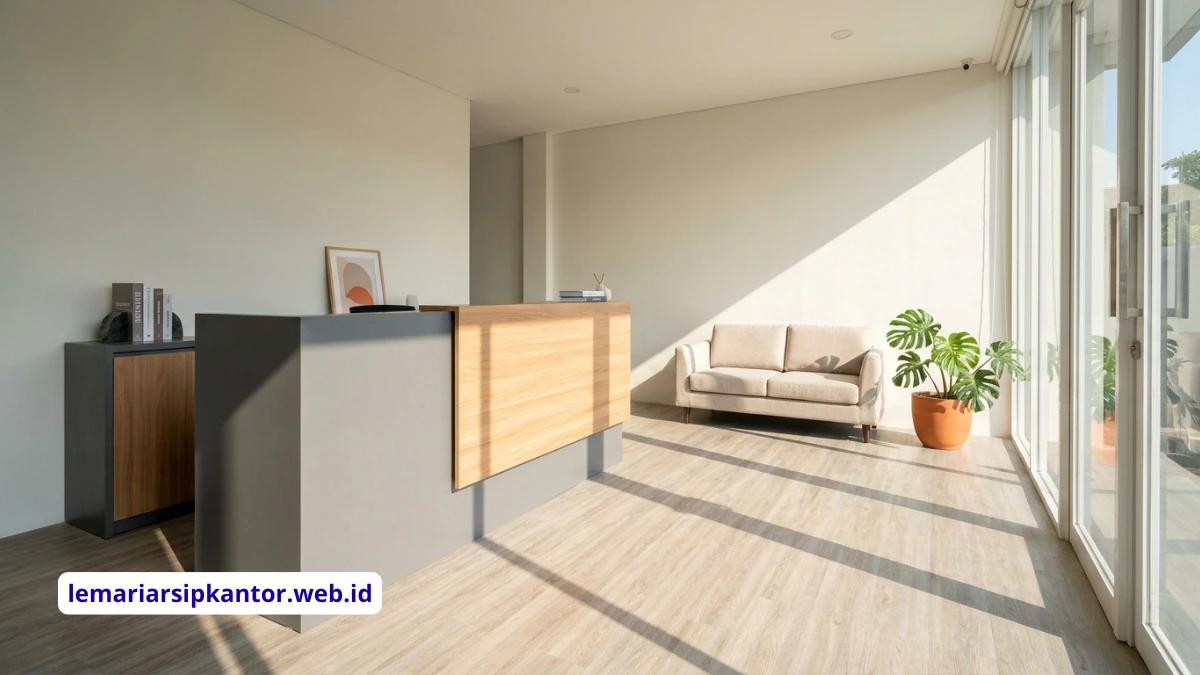 Desain front office minimalis modern dengan meja resepsionis HPL