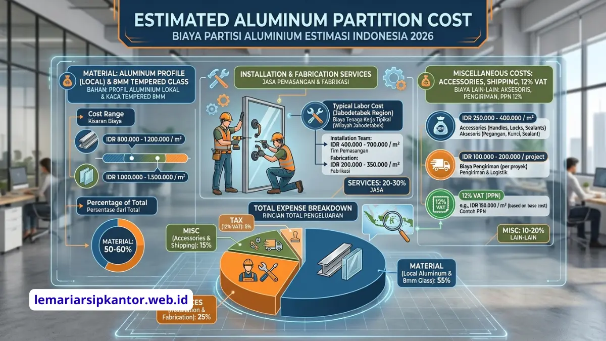 Estimasi biaya pemasangan partisi aluminium kombinasi kaca untuk kantor