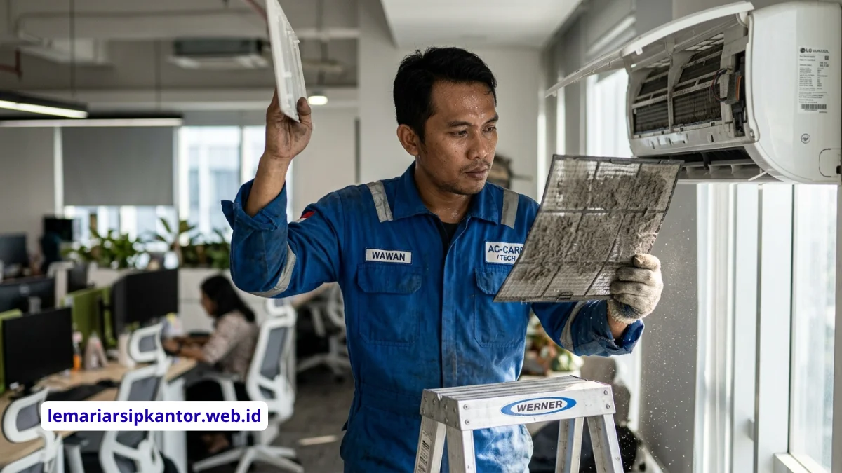 Jarak dekat seseorang melepaskan filter AC yang sangat kotor dan tertutup debu tebal dari unit pendingin ruangan