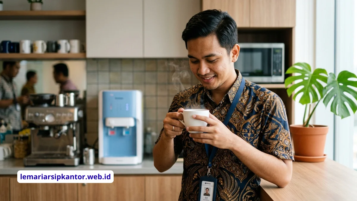 Karyawan berbincang santai sambil menikmati kopi dari mesin espresso di pantry kantor