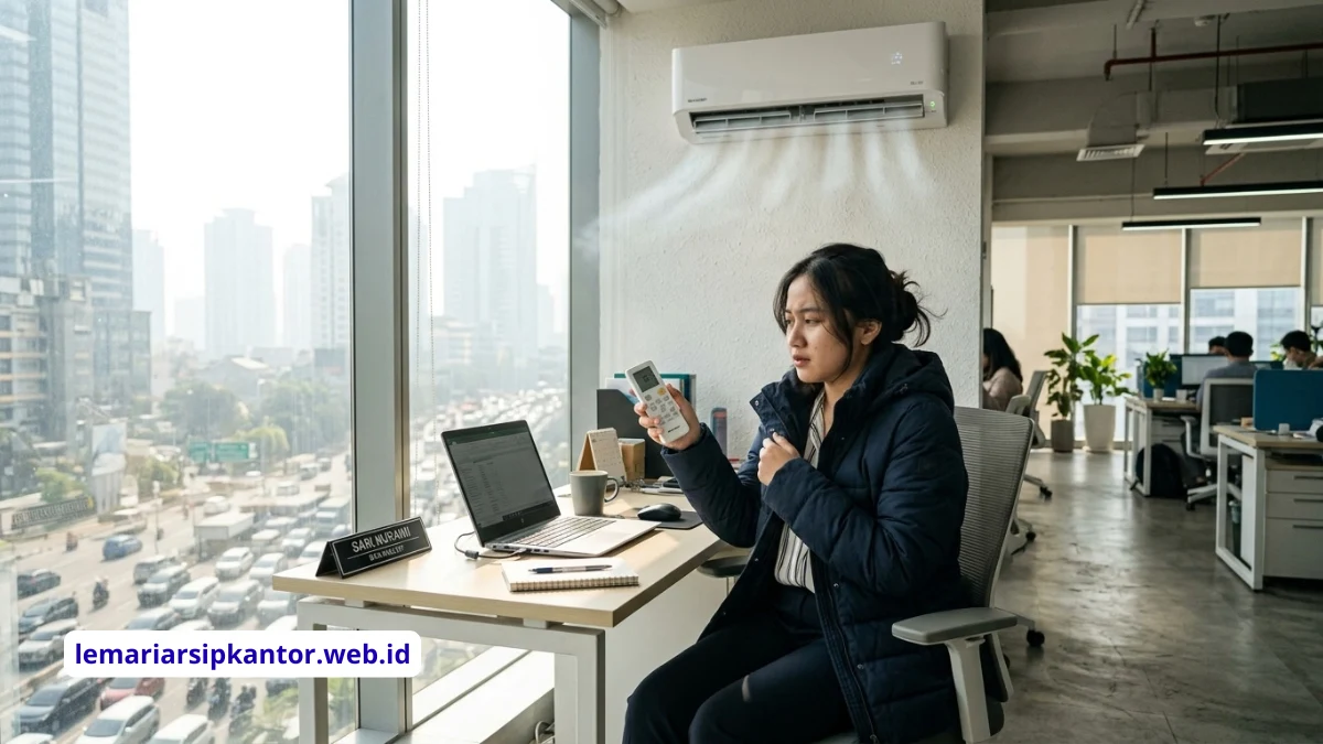 Unit AC terpasang di dinding kantor modern dengan panel kontrol suhu yang menunjukkan 22.5 derajat Celsius