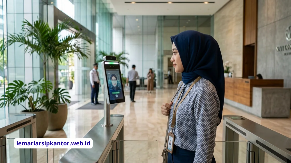 Mesin absensi face recognition di lobi kantor modern