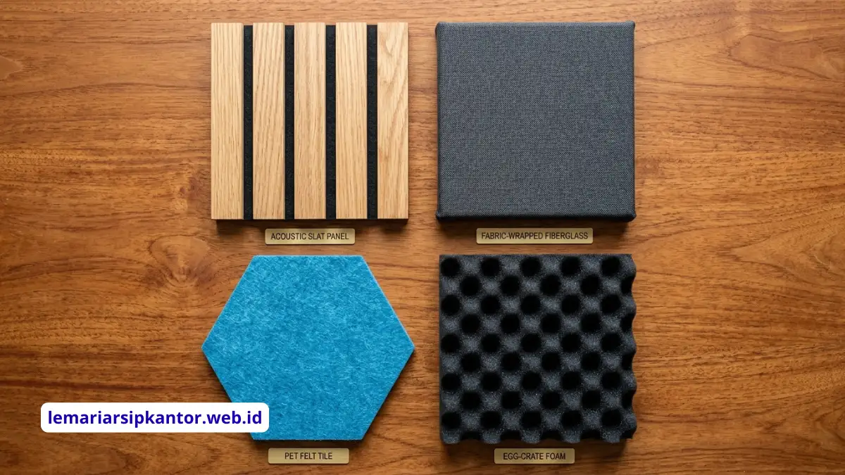 Perbandingan material panel akustik kantor termasuk busa poliuretan, wol mineral, kain berlapis, dan PET felt