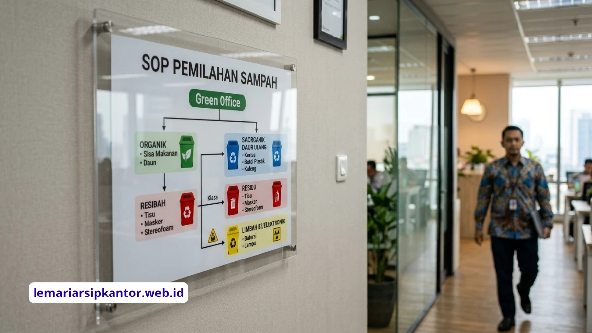 Poster panduan alur SOP pemilahan sampah kantor untuk edukasi staf karyawan