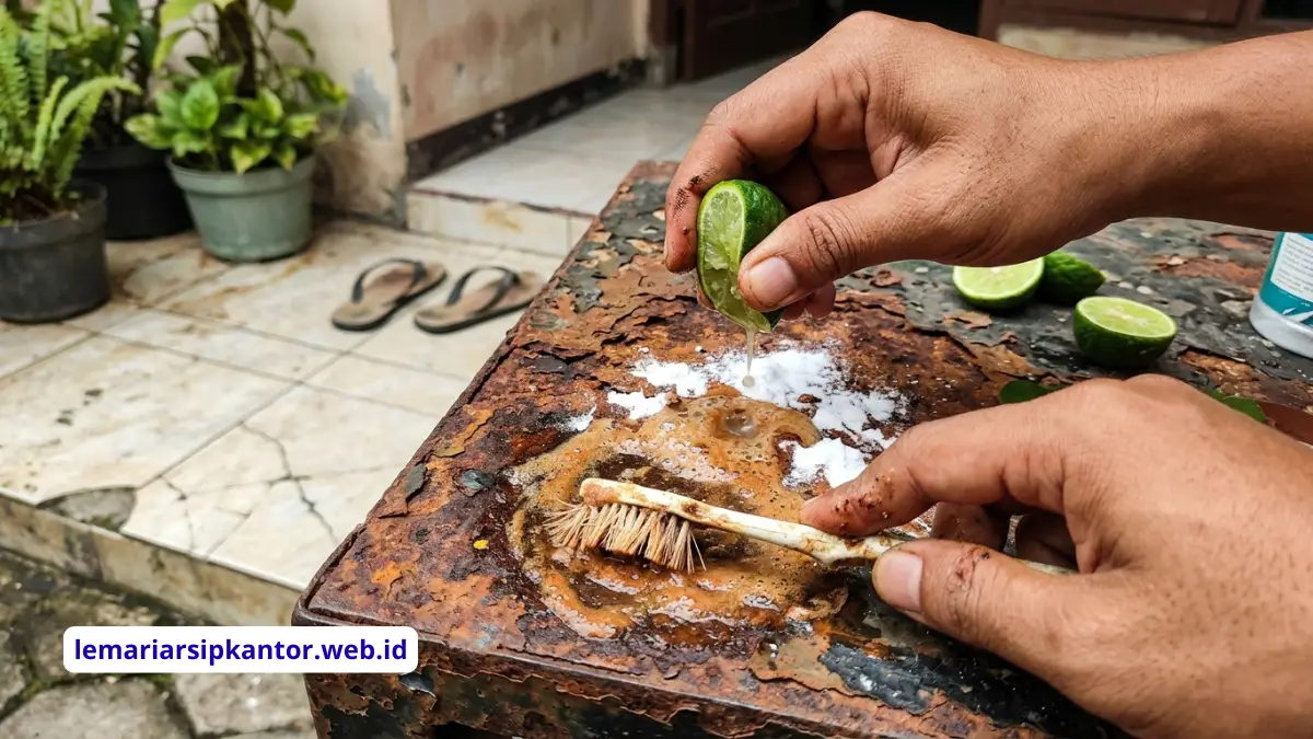Proses membersihkan karat meja besi dengan bahan alami