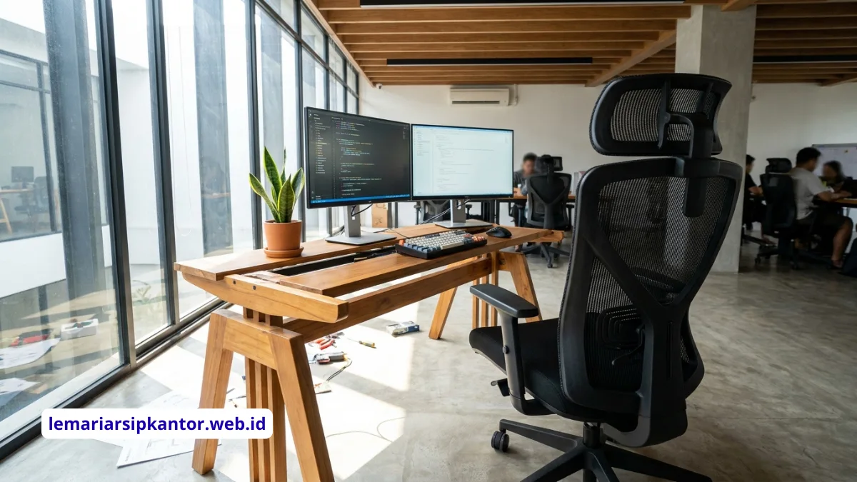 Setup meja berdiri dan kursi ergonomis modern di kantor